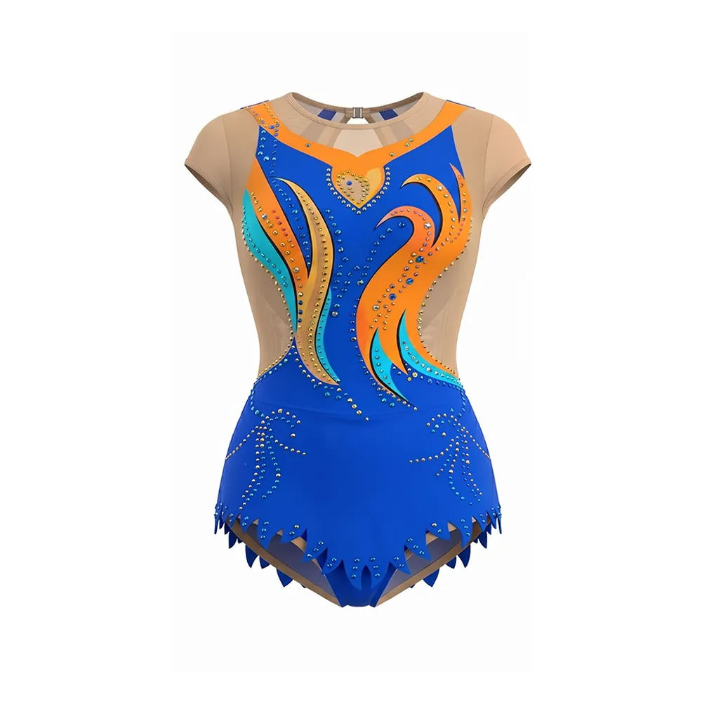 Blue Orange Flame Rhinestone Gymnastics Leotard with Nude Mesh Base for Elite Competitions – photo 3