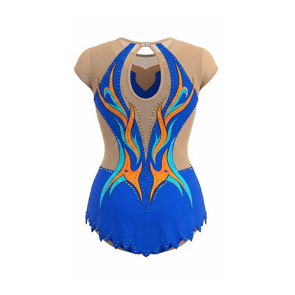 Blue Orange Flame Rhinestone Gymnastics Leotard with Nude Mesh Base for Elite Competitions – photo 4