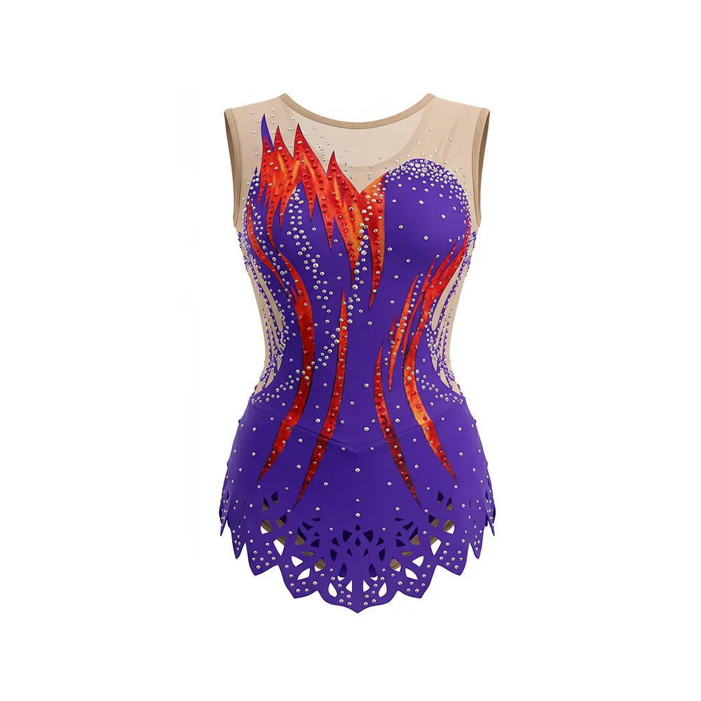 Stage Ready Purple Orange Leotard with Bold Flame Design Nude Mesh and Lace Hem for Championship Performances – photo 3