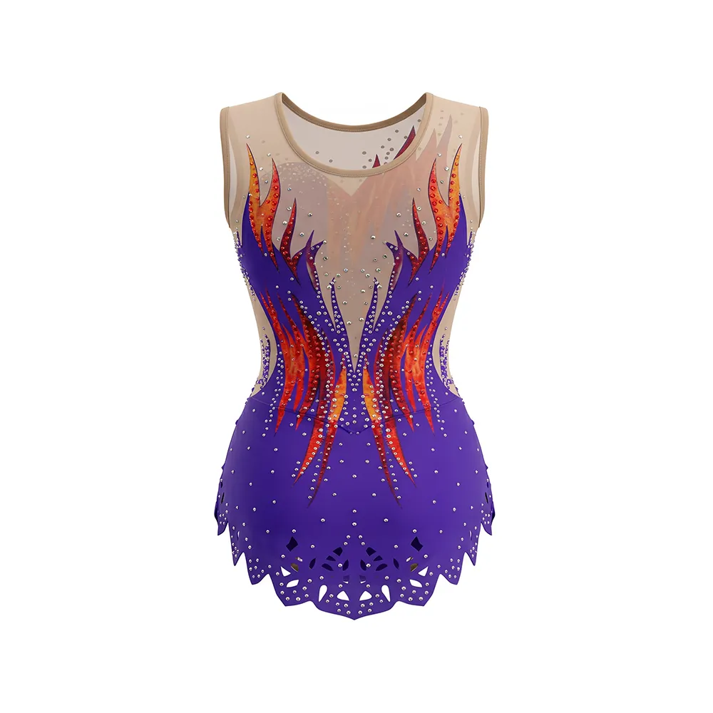 Stage Ready Purple Orange Leotard with Bold Flame Design Nude Mesh and Lace Hem for Championship Performances – photo 4