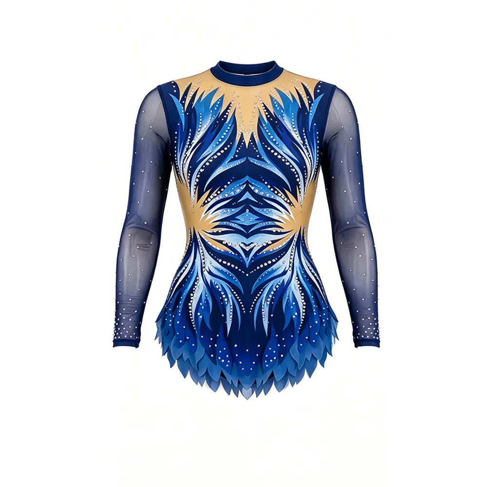 All Star Gymnastics Costume with Navy Gold Flame Pattern Rhinestones and Sheer Sleeves for International Meets – photo 3