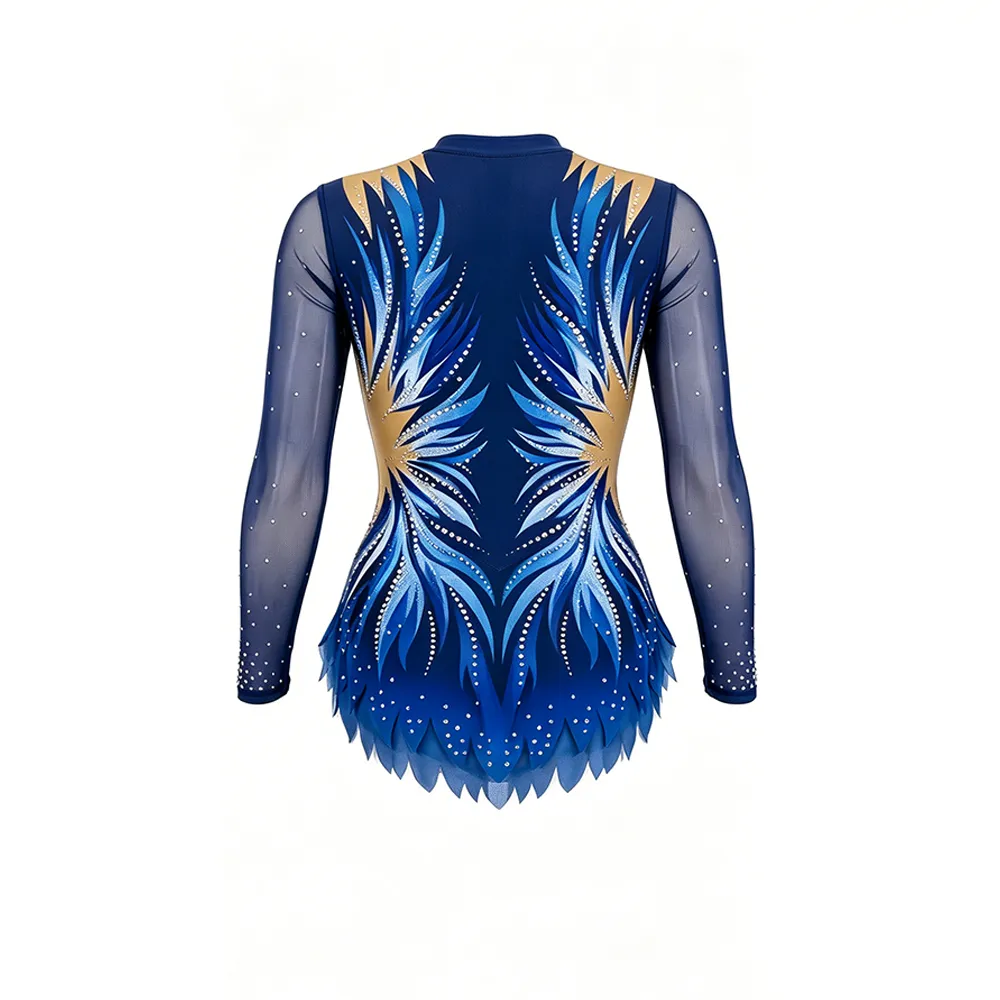 All Star Gymnastics Costume with Navy Gold Flame Pattern Rhinestones and Sheer Sleeves for International Meets – photo 4