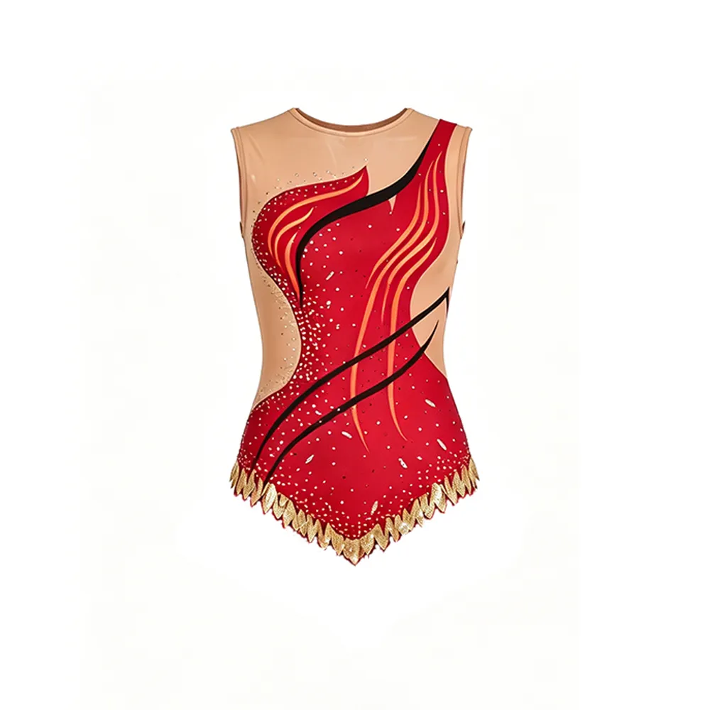 Sleeveless Gymnastics Costume with Nude Mesh Panels Red Gold Flame and Rhinestone Trim for Competitions – photo 3