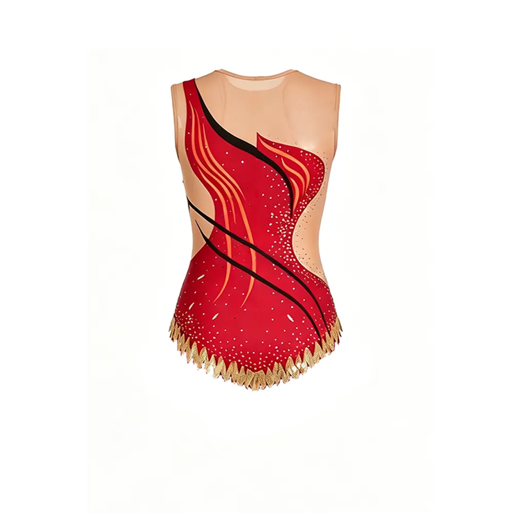 Sleeveless Gymnastics Costume with Nude Mesh Panels Red Gold Flame and Rhinestone Trim for Competitions – photo 4