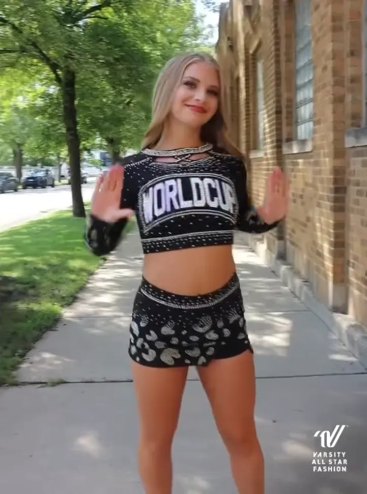 Girls Cheerleading Uniforms Long Sleeve Rhinestone Crop Top Skirt Black Silver Dance Team Competition Performance Outfits – photo 2