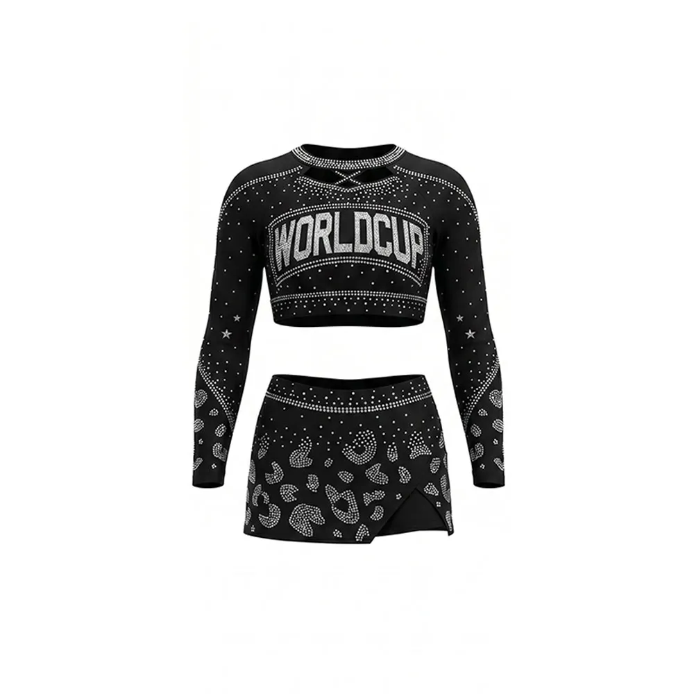 Girls Cheerleading Uniforms Long Sleeve Rhinestone Crop Top Skirt Black Silver Dance Team Competition Performance Outfits – photo 3
