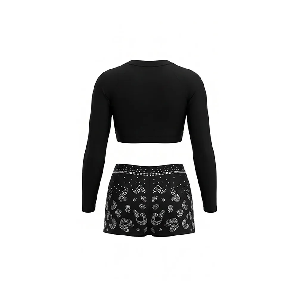Girls Cheerleading Uniforms Long Sleeve Rhinestone Crop Top Skirt Black Silver Dance Team Competition Performance Outfits – photo 4