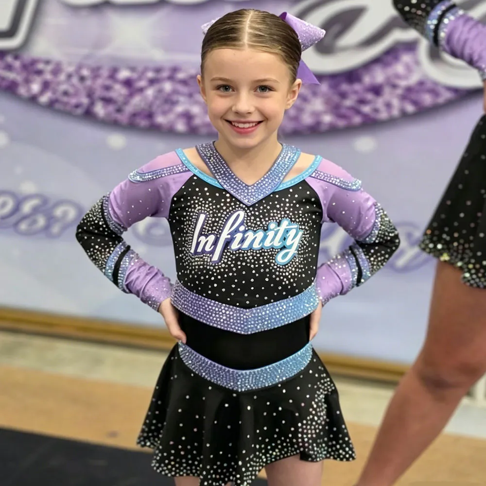 Girls Cheerleading Uniform Long Sleeve Rhinestone Leotard Skirt Purple Black Team Dance Performance Outfit Competitions – photo 2