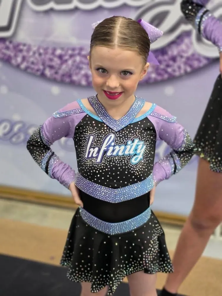 Girls Cheerleading Uniform Long Sleeve Rhinestone Leotard Skirt Purple Black Team Dance Performance Outfit Competitions – photo 3