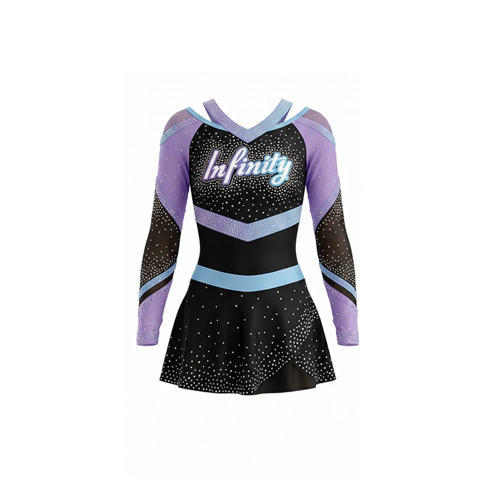 Girls Cheerleading Uniform Long Sleeve Rhinestone Leotard Skirt Purple Black Team Dance Performance Outfit Competitions – photo 4