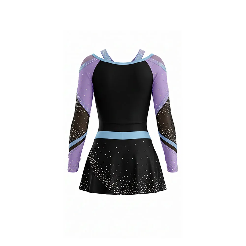 Girls Cheerleading Uniform Long Sleeve Rhinestone Leotard Skirt Purple Black Team Dance Performance Outfit Competitions – photo 5