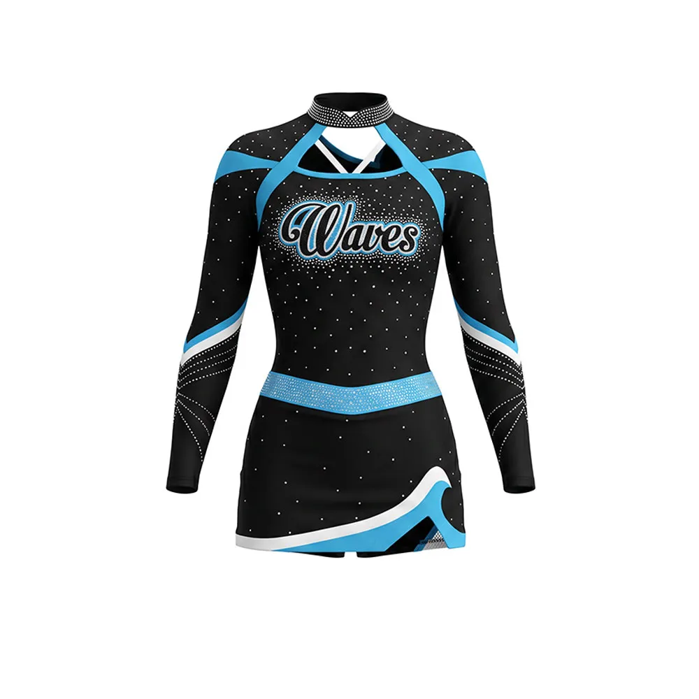 Girls Cheerleading Uniform Long Sleeve Rhinestone Leotard Skirt Black Blue White Team Dance Competition Outfit Sportswear – photo 3