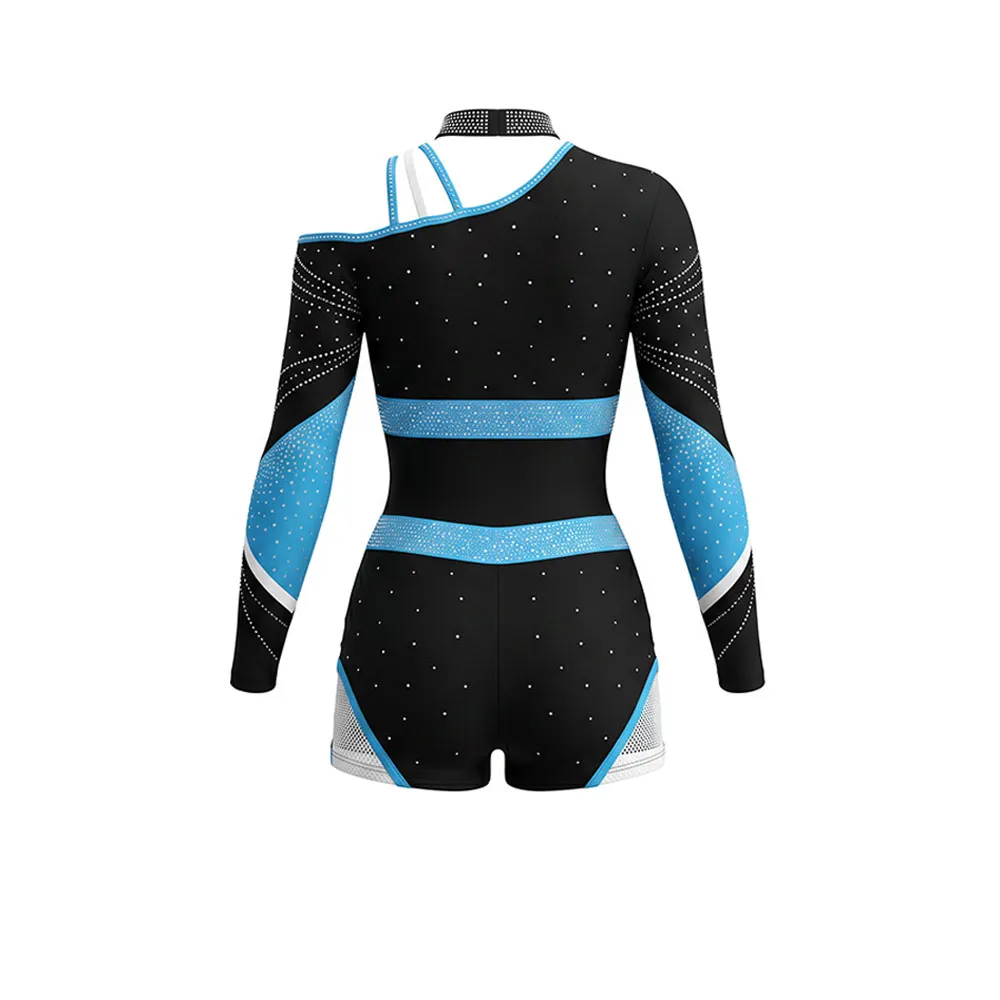 Girls Cheerleading Uniform Long Sleeve Rhinestone Leotard Skirt Black Blue White Team Dance Competition Outfit Sportswear – photo 4