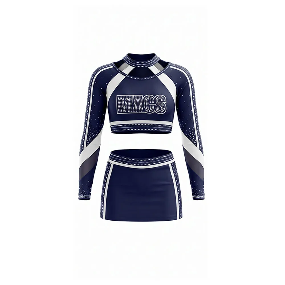 Girls Cheerleading Uniform Long Sleeve Rhinestones Crop Top Skirt Navy Blue White Team Dance Performance Outfit for Competitions – photo 3