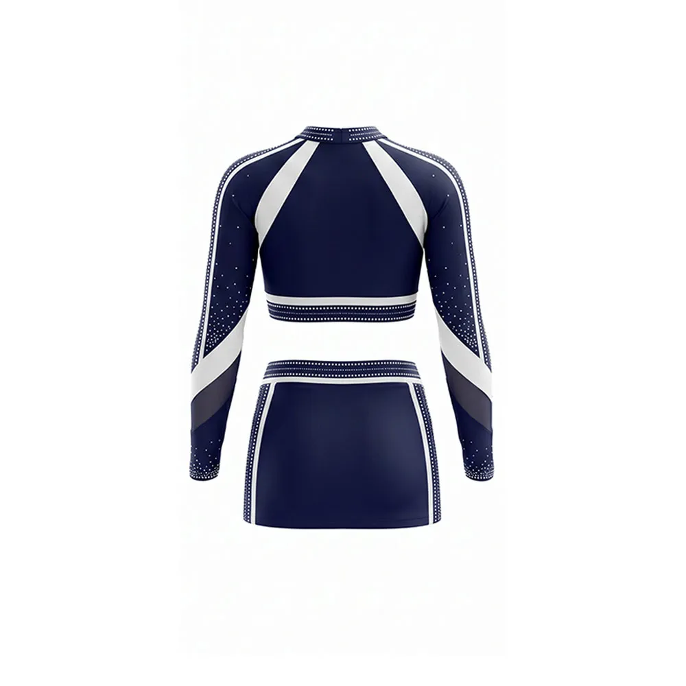 Girls Cheerleading Uniform Long Sleeve Rhinestones Crop Top Skirt Navy Blue White Team Dance Performance Outfit for Competitions – photo 4