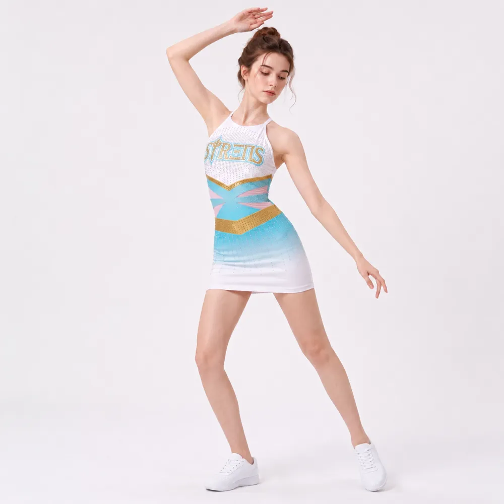 Girls Cheerleading Uniforms Sleeveless Rhinestone White Blue Gold Dance Dress Team Performance Outfit Teams – photo 2