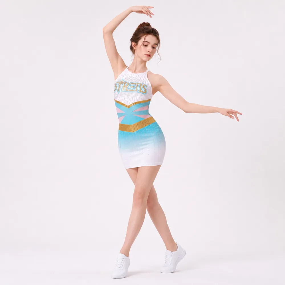 Girls Cheerleading Uniforms Sleeveless Rhinestone White Blue Gold Dance Dress Team Performance Outfit Teams – photo 3