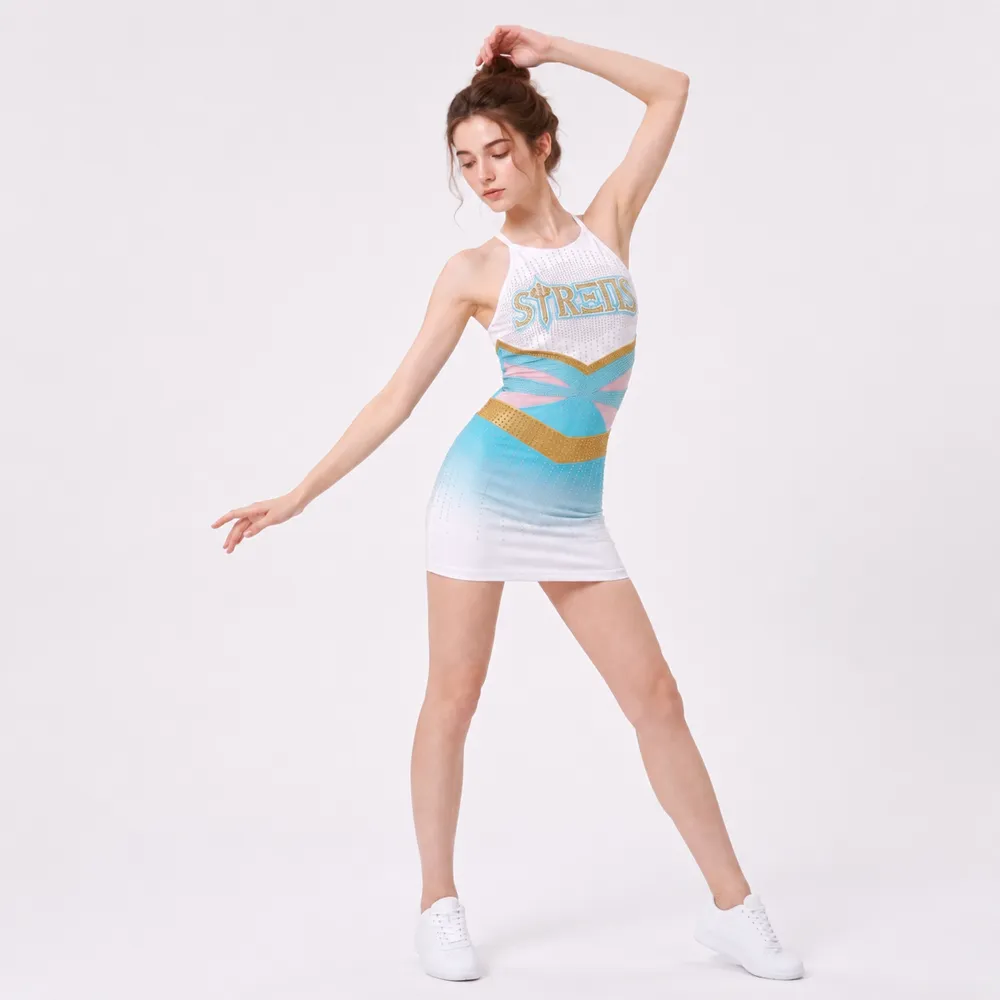 Girls Cheerleading Uniforms Sleeveless Rhinestone White Blue Gold Dance Dress Team Performance Outfit Teams – photo 4