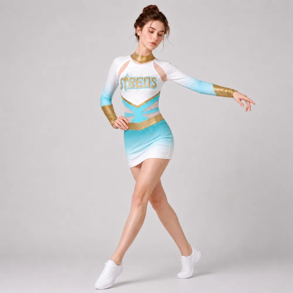Girls Cheerleading Uniform Long Sleeve Rhinestone White Blue Gold Stretch Dance Dress Team Performance Costumes – photo 2