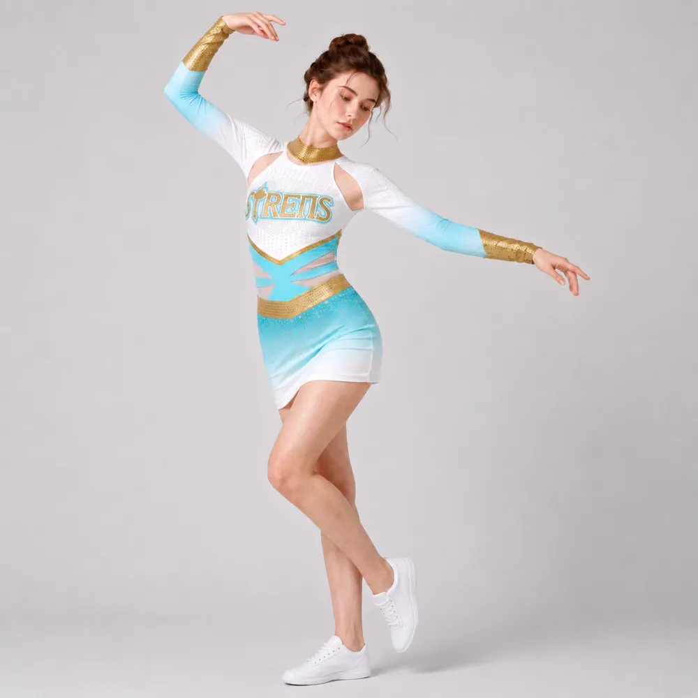 Girls Cheerleading Uniform Long Sleeve Rhinestone White Blue Gold Stretch Dance Dress Team Performance Costumes – photo 3