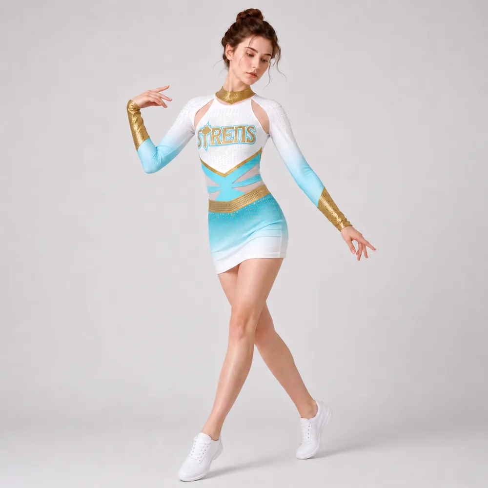 Girls Cheerleading Uniform Long Sleeve Rhinestone White Blue Gold Stretch Dance Dress Team Performance Costumes – photo 4