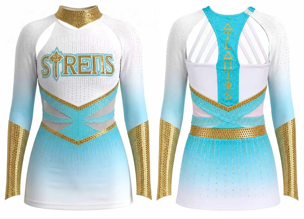 Girls Cheerleading Uniform Long Sleeve Rhinestone White Blue Gold Stretch Dance Dress Team Performance Costumes – photo 5