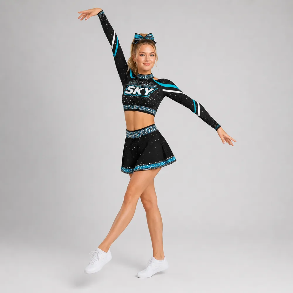 Girls Cheerleading Uniform Long Sleeve Rhinestone Black Blue Crop Top Skirt Dance Performance Outfits Teams – photo 2