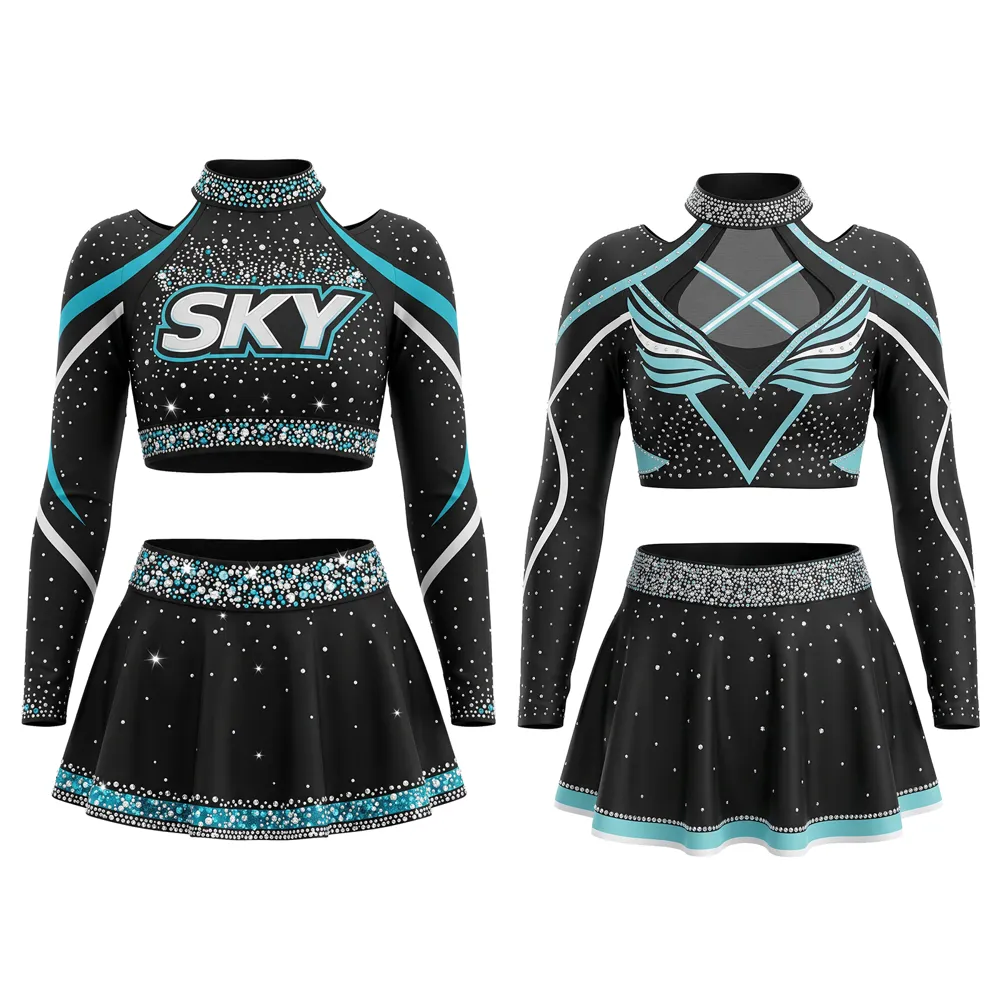 Girls Cheerleading Uniform Long Sleeve Rhinestone Black Blue Crop Top Skirt Dance Performance Outfits Teams – photo 6