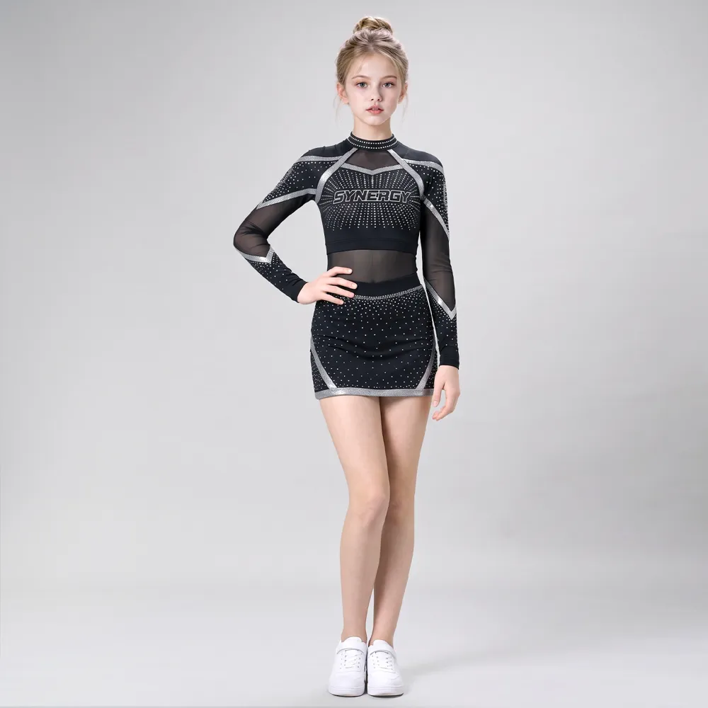 Girls Black Silver Rhinestone Cheerleading Uniform Long Sleeve Mesh Crop Top Skirt Set Team Competition Performance Wear – photo 3