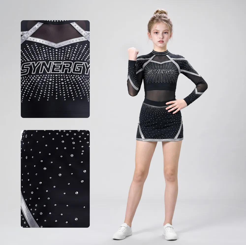 Girls Black Silver Rhinestone Cheerleading Uniform Long Sleeve Mesh Crop Top Skirt Set Team Competition Performance Wear – photo 4