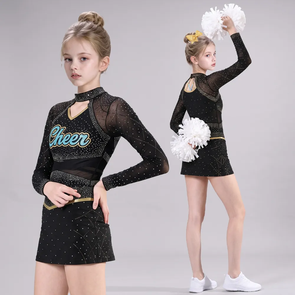 Girls Black Gold Rhinestone Cheerleading Uniform Long Sleeve Net Top Skirt Team Competition Performance Set – photo 3