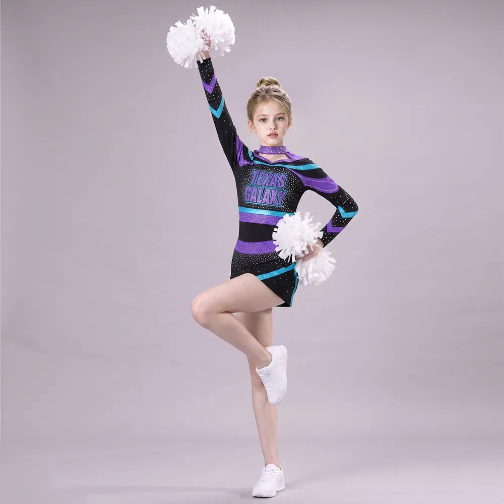 Girls Black Purple Blue Rhinestone Cheerleading Uniform Long Sleeve Team Competition Performance Dress Sets – photo 3