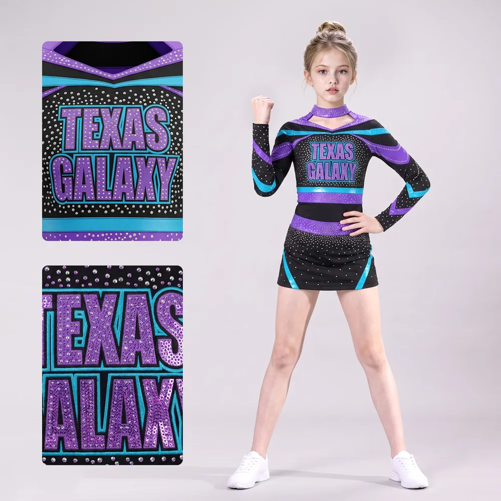 Girls Black Purple Blue Rhinestone Cheerleading Uniform Long Sleeve Team Competition Performance Dress Sets – photo 4