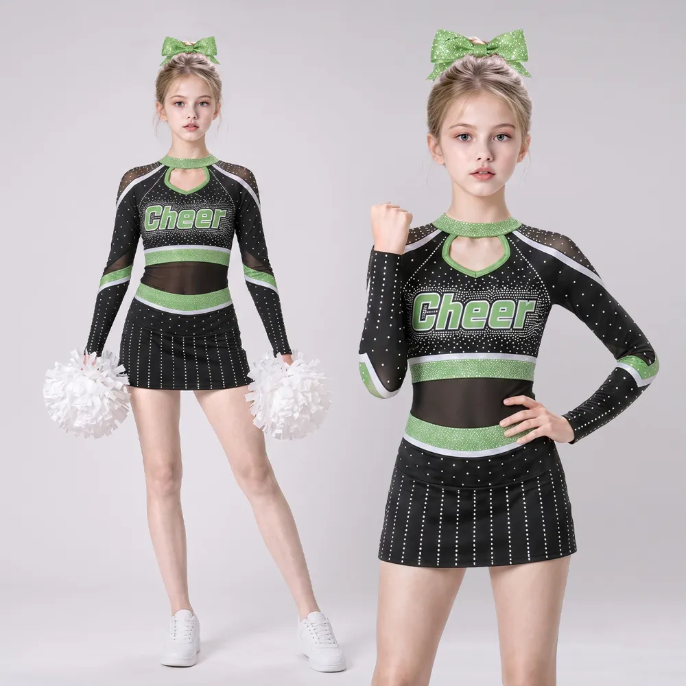 Kids Black Green Rhinestone Cheerleading Uniform Long Sleeve Net Top Skirt Team Competition Performance Set – photo 3