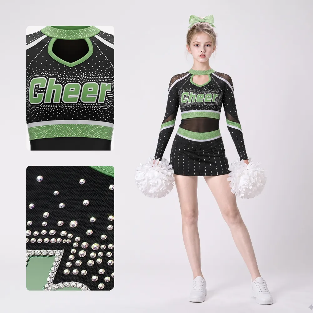 Kids Black Green Rhinestone Cheerleading Uniform Long Sleeve Net Top Skirt Team Competition Performance Set – photo 4