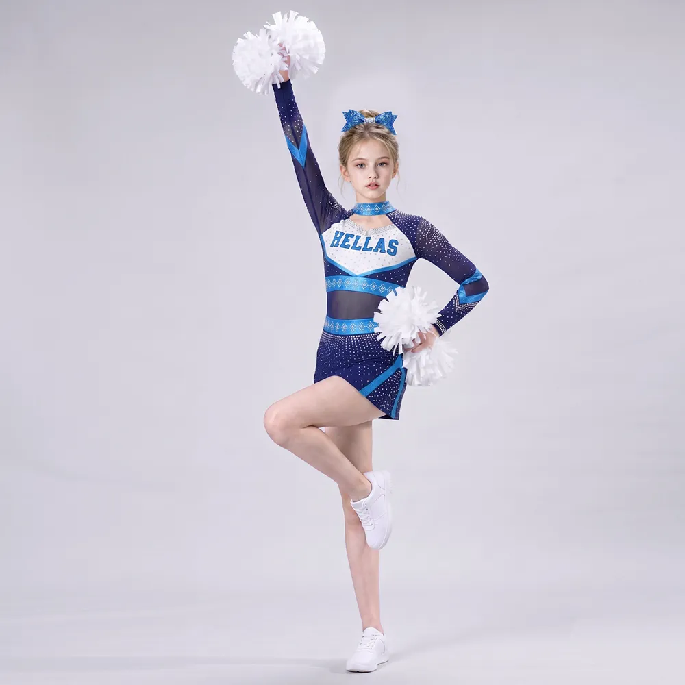 Girls Blue White Rhinestone Cheerleading Uniform Long Sleeve Mesh Team Competition Performance Dress Sets – photo 3