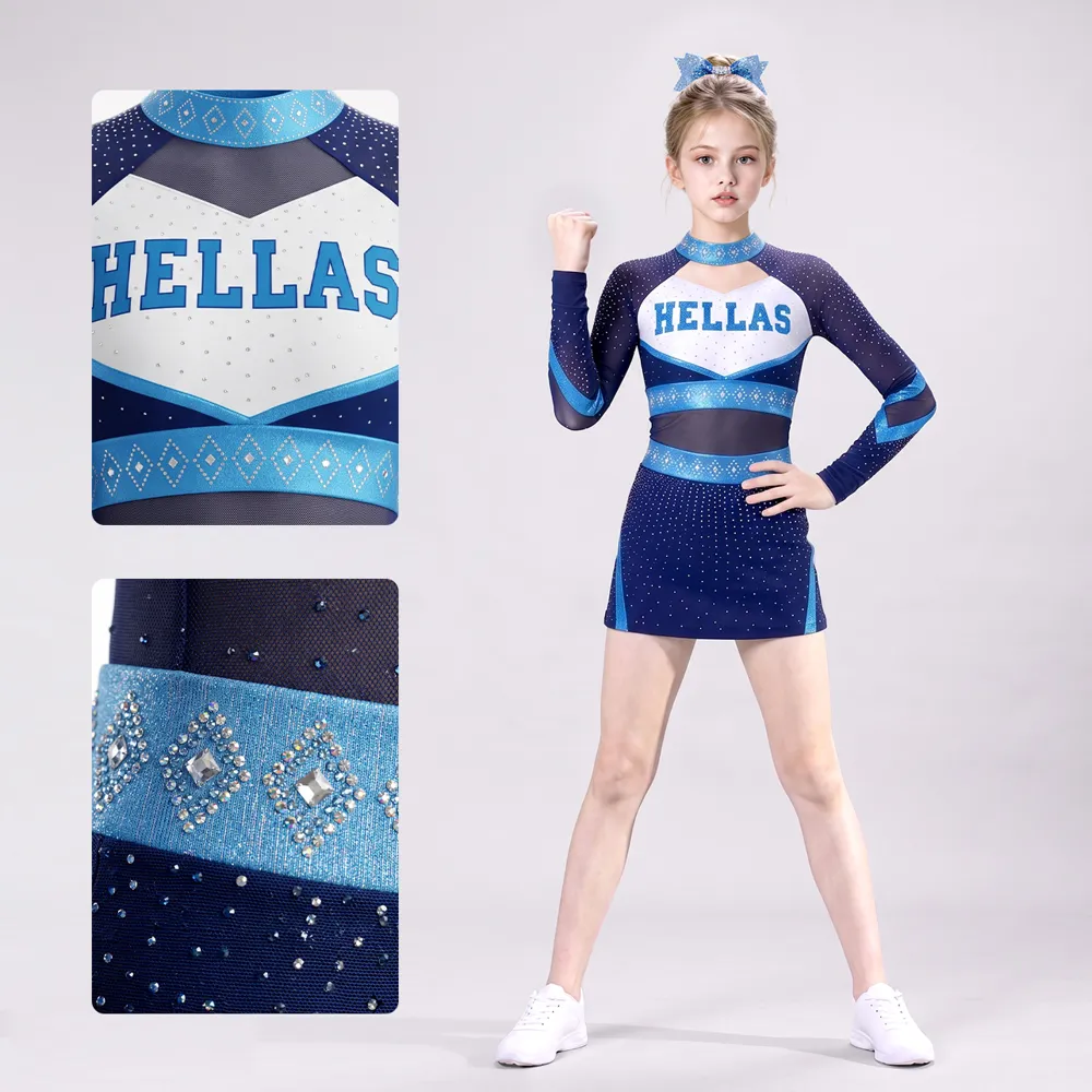 Girls Blue White Rhinestone Cheerleading Uniform Long Sleeve Mesh Team Competition Performance Dress Sets – photo 4
