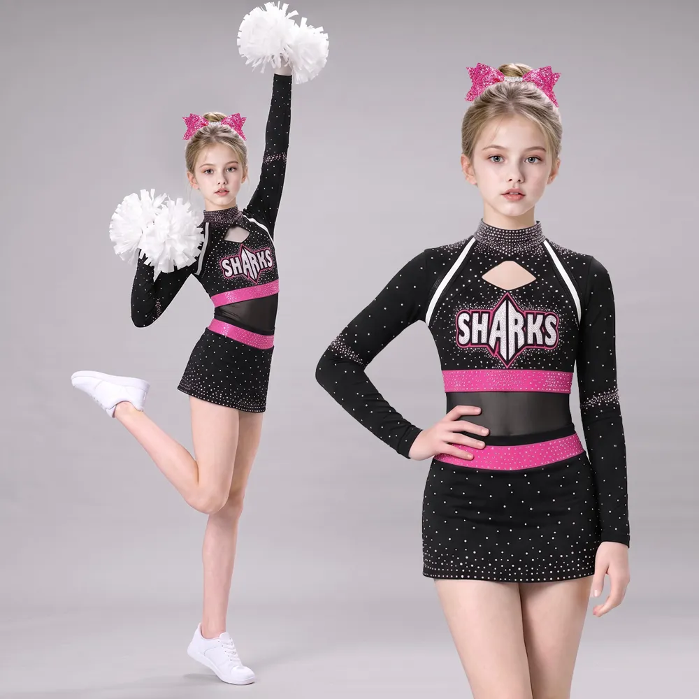 Kids Black Pink Rhinestone Cheerleading Uniform Long Sleeve Mesh Crop Top Skirt Girls Competition Team Performance Outfit – photo 2