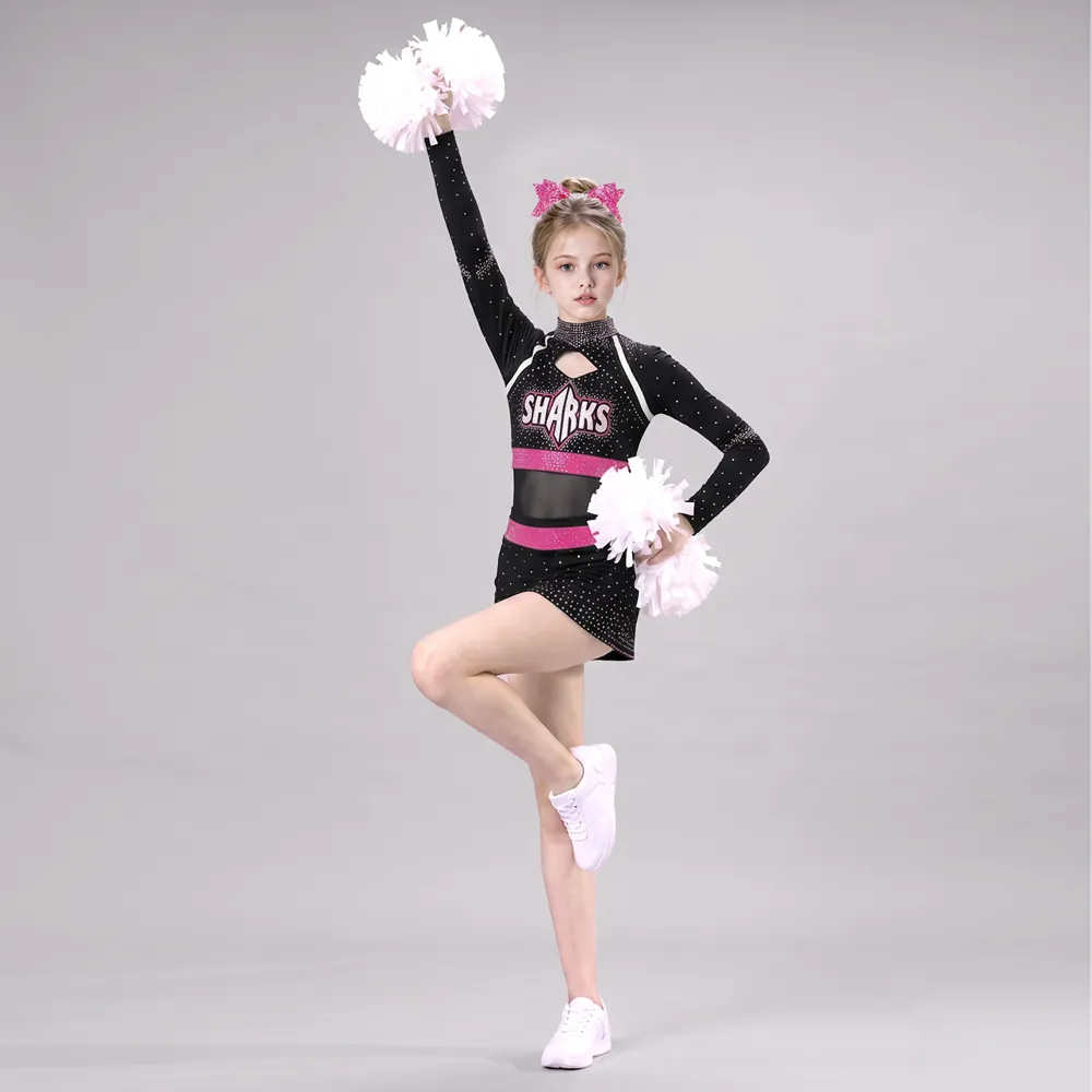 Kids Black Pink Rhinestone Cheerleading Uniform Long Sleeve Mesh Crop Top Skirt Girls Competition Team Performance Outfit – photo 3