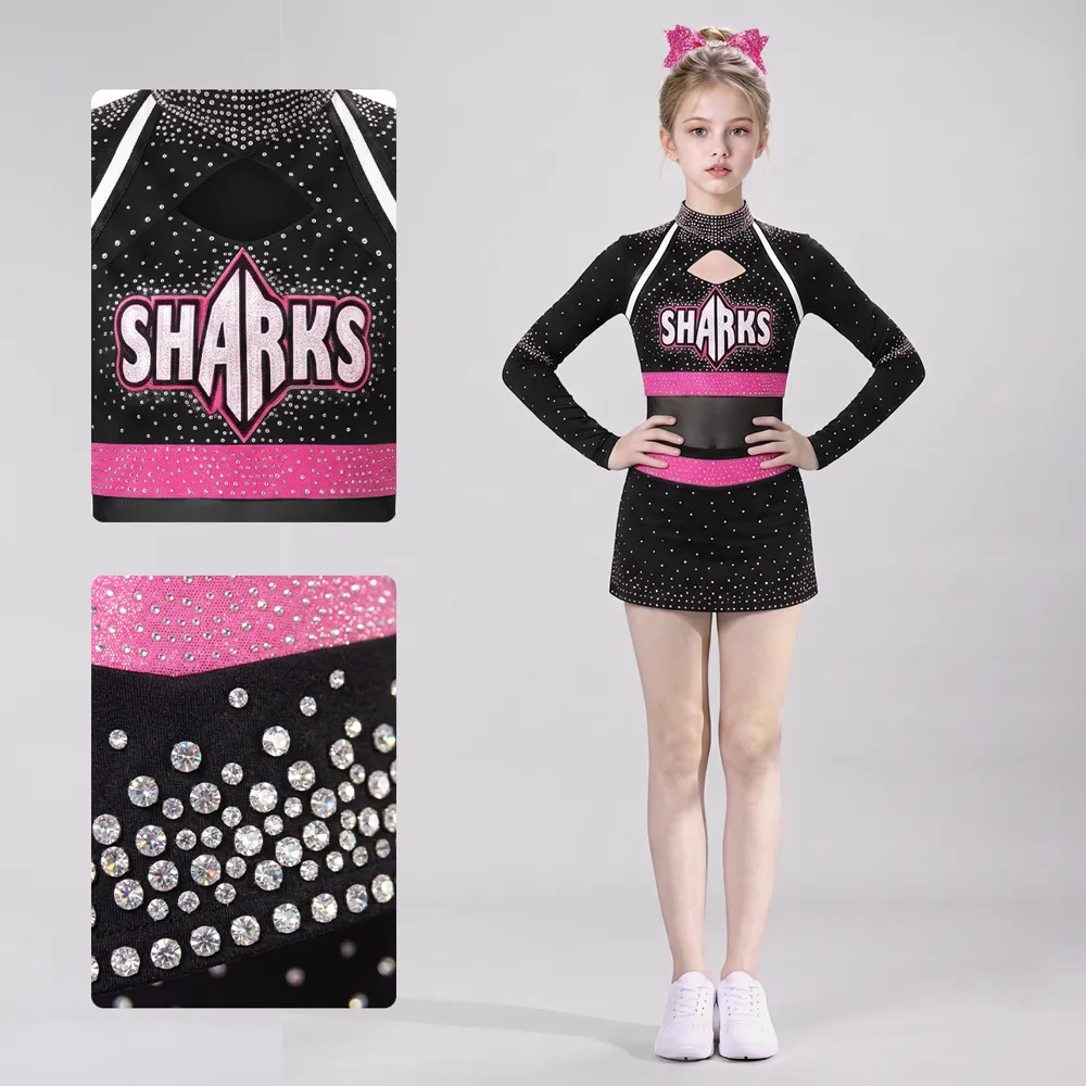 Kids Black Pink Rhinestone Cheerleading Uniform Long Sleeve Mesh Crop Top Skirt Girls Competition Team Performance Outfit – photo 4
