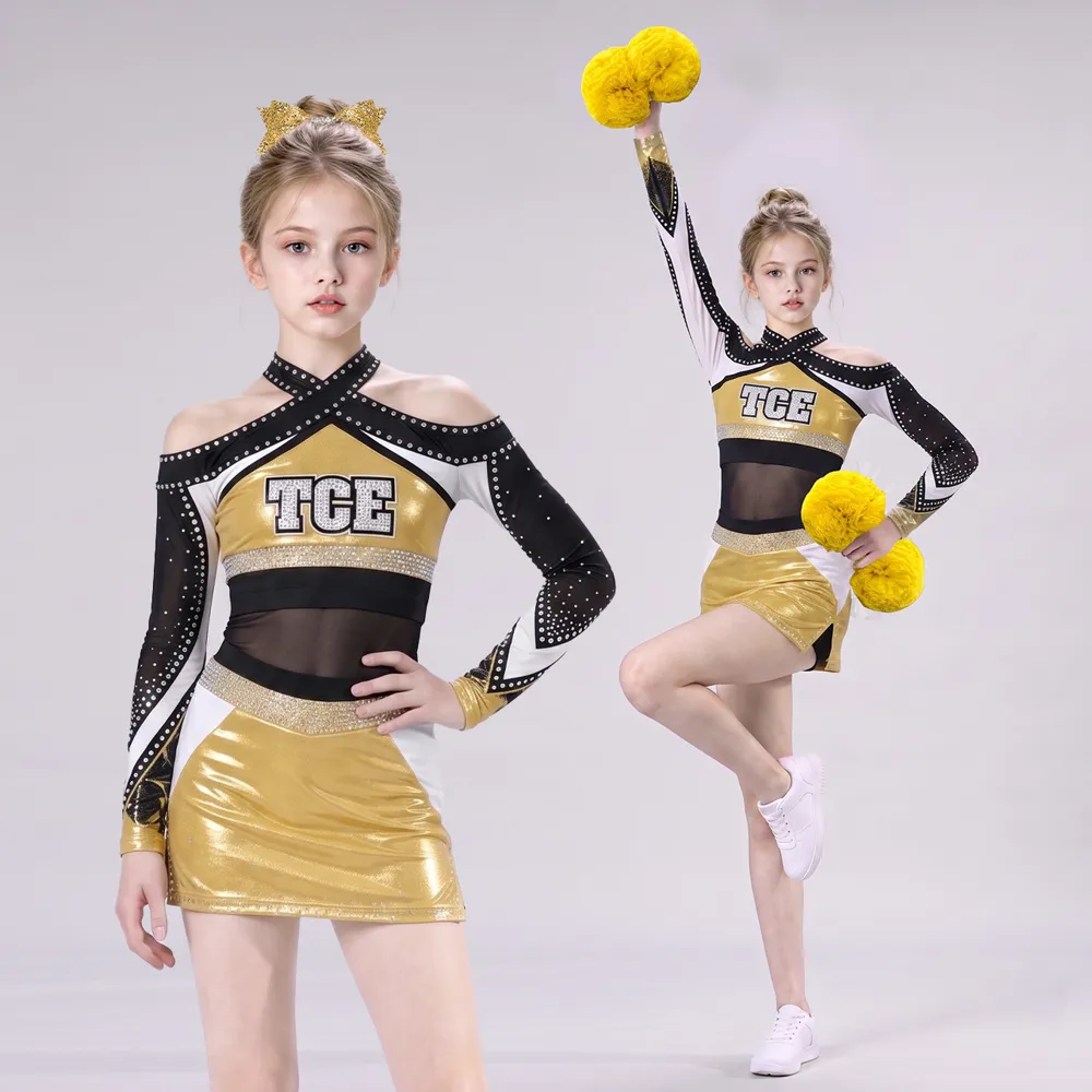 Kids Gold Black Rhinestone Cheerleading Uniform Long Sleeve Mesh Crop Top Skirt Team Performance Wear – photo 2