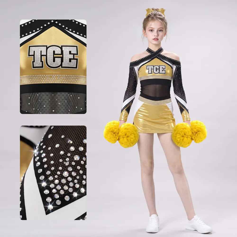Kids Gold Black Rhinestone Cheerleading Uniform Long Sleeve Mesh Crop Top Skirt Team Performance Wear – photo 4