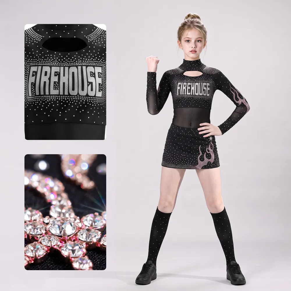 Kids Black Pink Rhinestone Cheerleading Uniform Long Sleeve Mesh Top Skirt Team Competition Performance Costume – photo 4