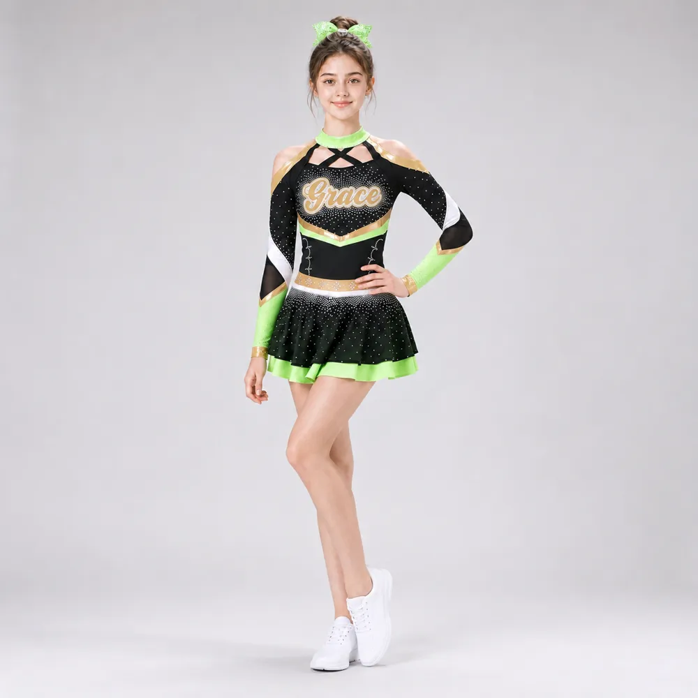 Kids Black Green Gold Rhinestone Cheer Uniform Long Sleeve Mesh Dress Team Competition Performance Wear – photo 2