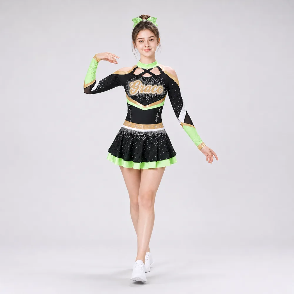 Kids Black Green Gold Rhinestone Cheer Uniform Long Sleeve Mesh Dress Team Competition Performance Wear – photo 3