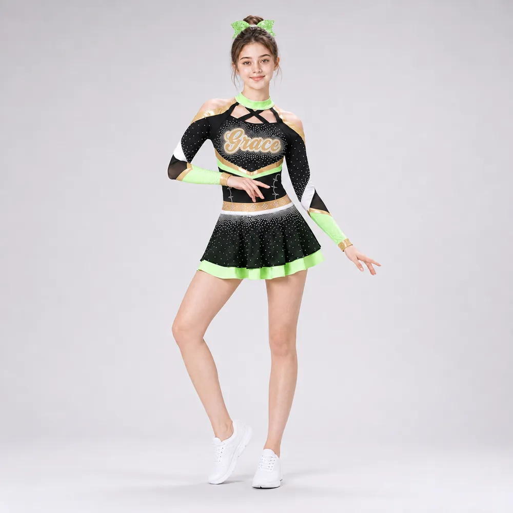 Kids Black Green Gold Rhinestone Cheer Uniform Long Sleeve Mesh Dress Team Competition Performance Wear – photo 4