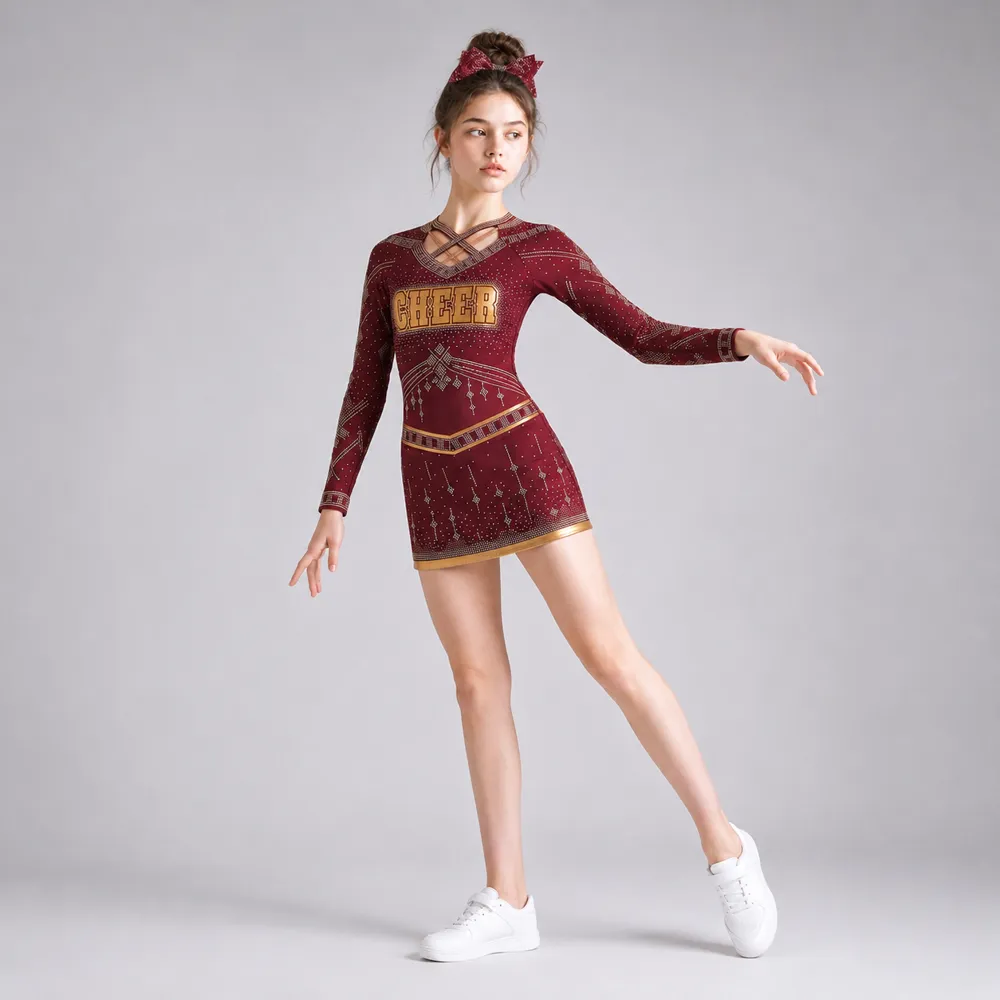 Kids Burgundy Gold Rhinestone Cheerleading Uniform Long Sleeve Cutout Top Skirt Team Performance Wear – photo 2