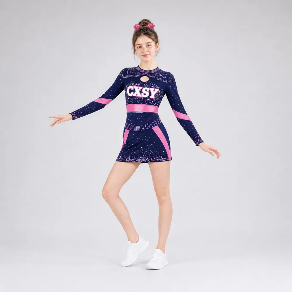 Kids Navy Pink Rhinestone Cheer Uniform Long Sleeve Cutout Dress Team Competition Performance Wear – photo 2