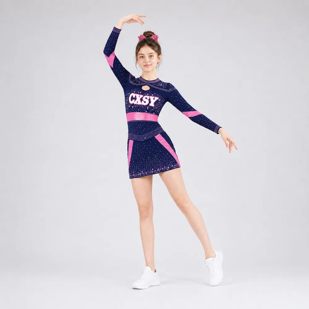 Kids Navy Pink Rhinestone Cheer Uniform Long Sleeve Cutout Dress Team Competition Performance Wear – photo 3