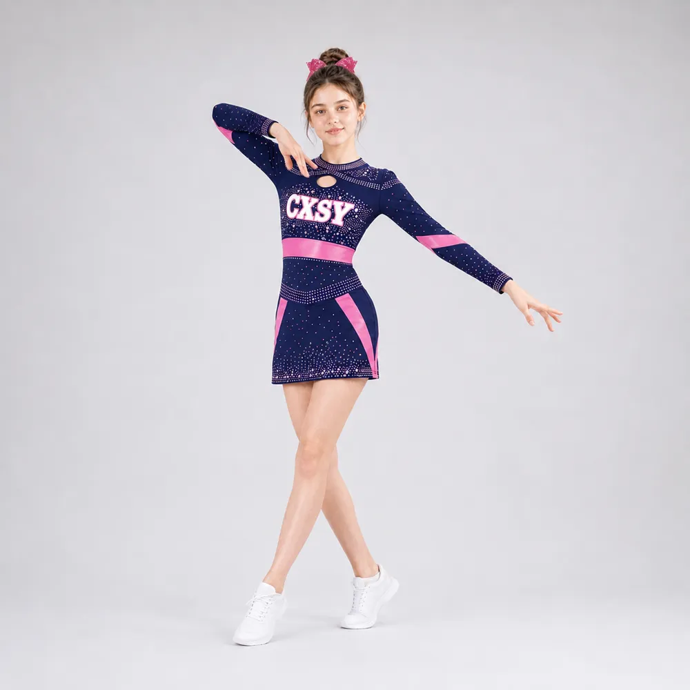 Kids Navy Pink Rhinestone Cheer Uniform Long Sleeve Cutout Dress Team Competition Performance Wear – photo 4